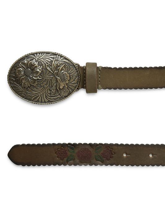 Mesmerizing Olive Flower Printed Hand-tooled Design Belt By Art N Vintage