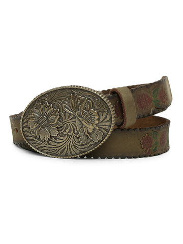 Mesmerizing Olive Flower Printed Hand-tooled Design Belt By Art N Vintage