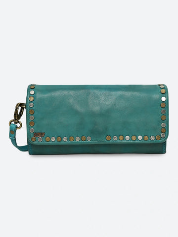 Turquoise Riveted Leather Crossbody Clutch