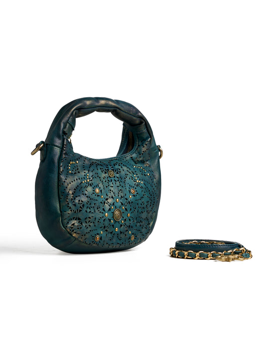 Handcrafted Teal Blue Genuine Leather Tote Bag with Laser-Cut Design & Antique Studs