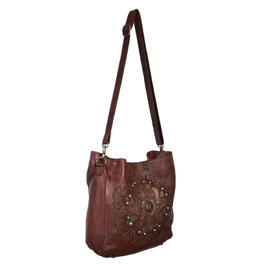 Vintage Embossed Cognac Real Leather Shoulder Bag