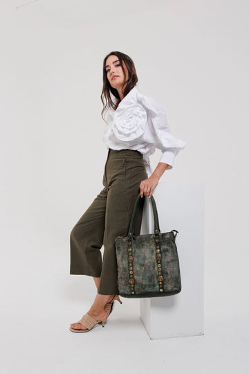 Vintage Textured Leather Tote Bag with Antique Stud Detailing