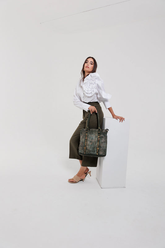 Vintage Textured Leather Tote Bag with Antique Stud Detailing