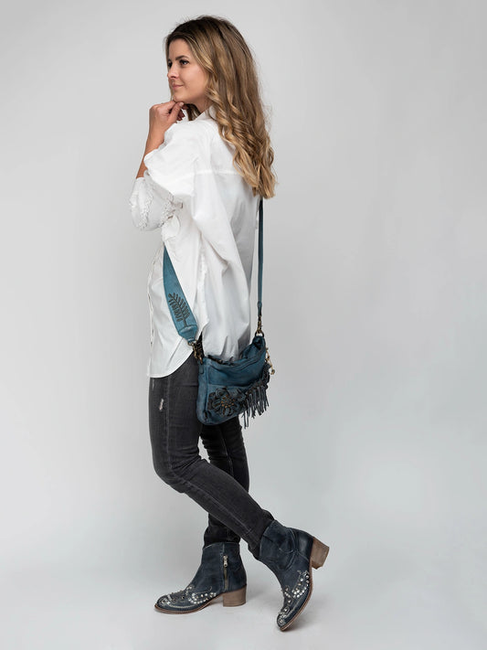 Blue Floral Applique Shoulder Leather Bag
