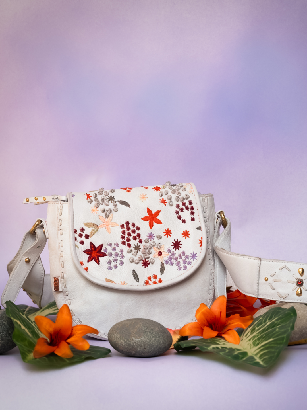 Floral Bliss White Leather Crossbody bag with Colorful Flower Embroid