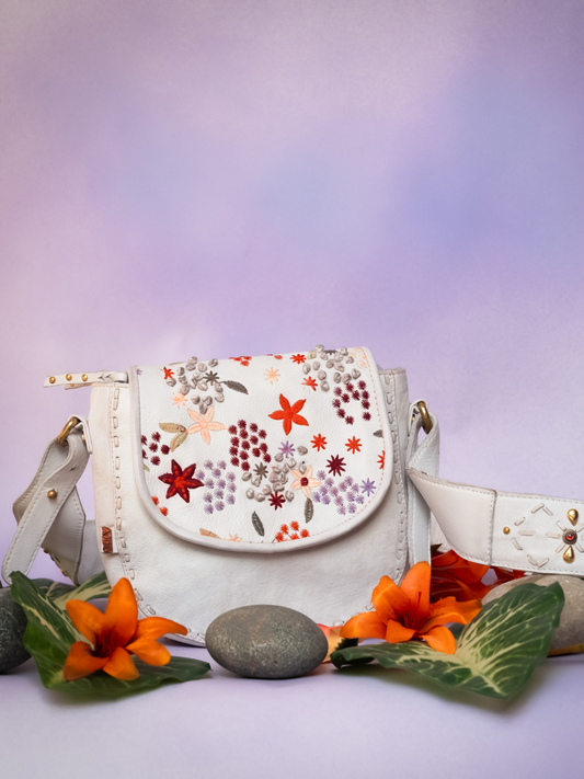 Floral Bliss: White Leather Crossbody bag with Colorful Flower Embroidery