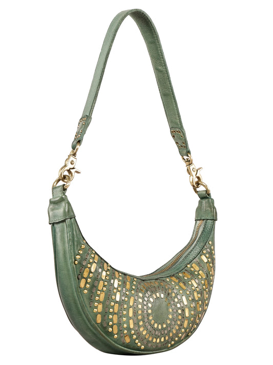Elara Sage Green Real Leather Embellished Hand Bag