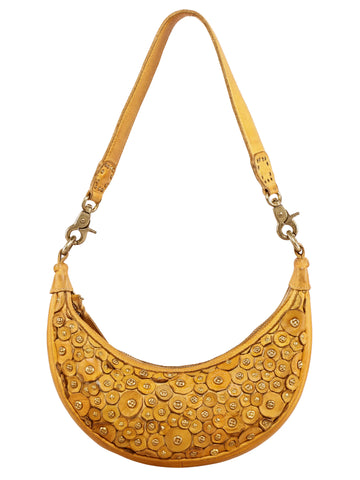 Marigold Mustard Yellow Real Leather Embellished Hand Bag