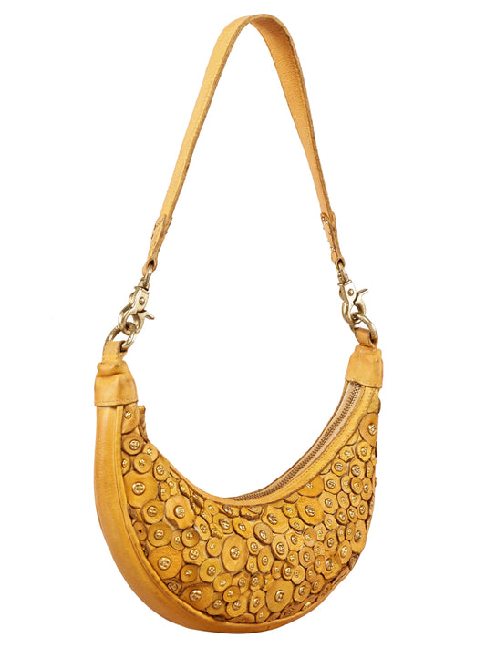 Marigold Mustard Yellow Real Leather Embellished Hand Bag