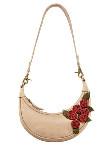 Roselle Beige Real Leather Hand Bag with Red Rose Embellishment