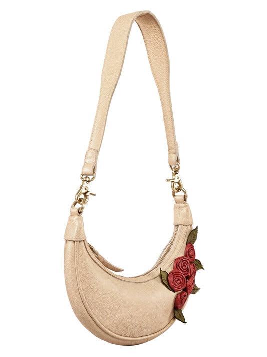 Roselle Beige Real Leather Hand Bag with Red Rose Embellishment