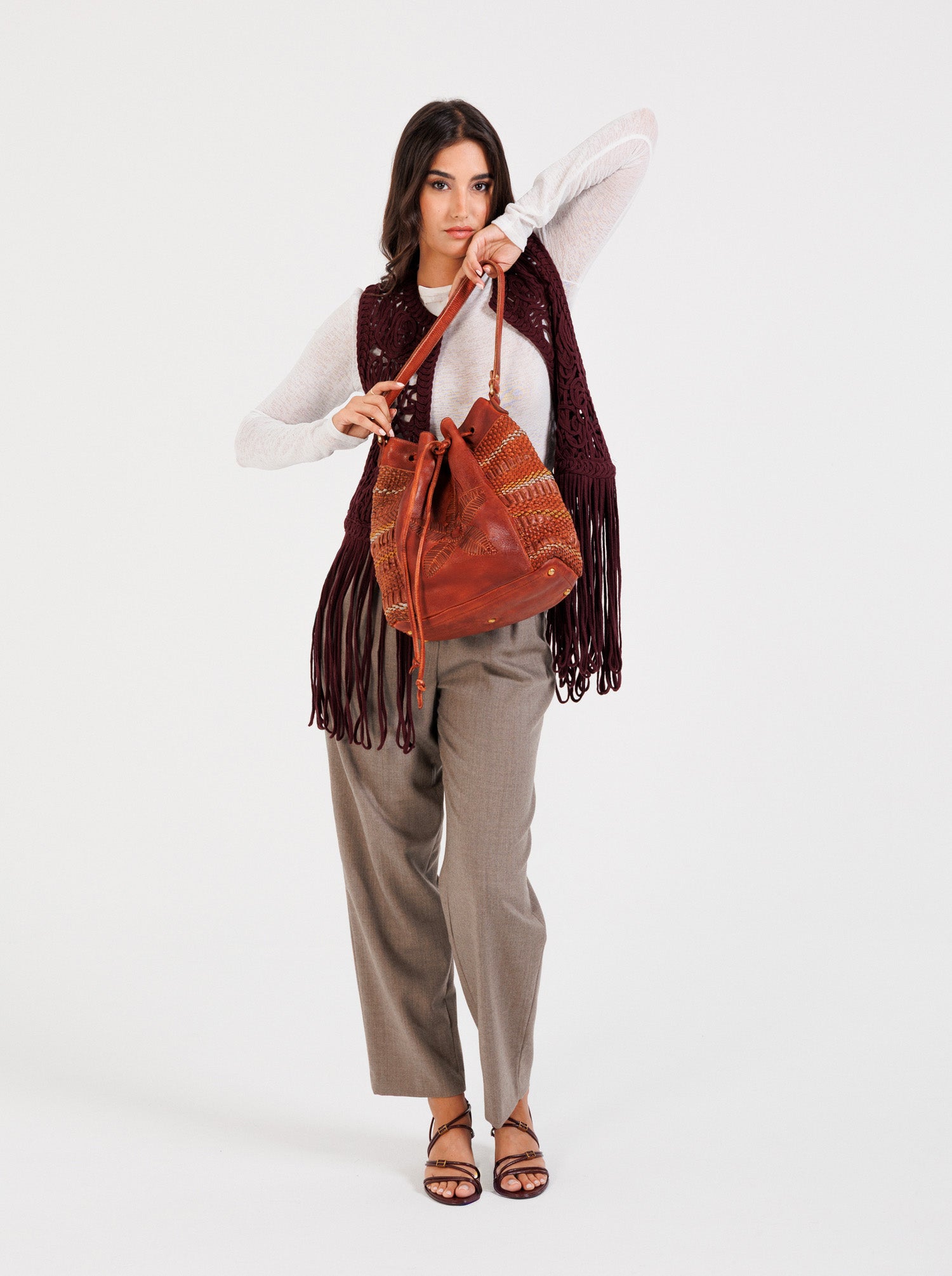 Cayla Handcrafted Cognac Leather & Woven Bucket Bag