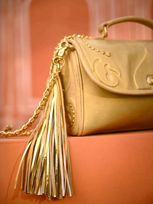 Badami- Hawa Mahal Real Leather Satchel Bag in Gold