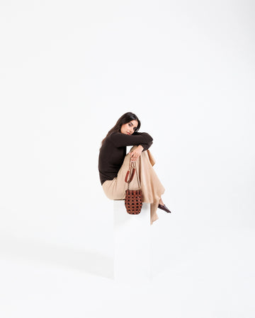 Vintage Brown Woven Genuine Leather Bucket Bag with Chain Strap
