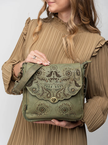 Laser-Cut and Studded Leather Flap Crossbody