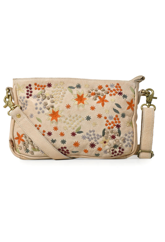 Floral: Beige Real Leather Sling Bag By Art N Vintage