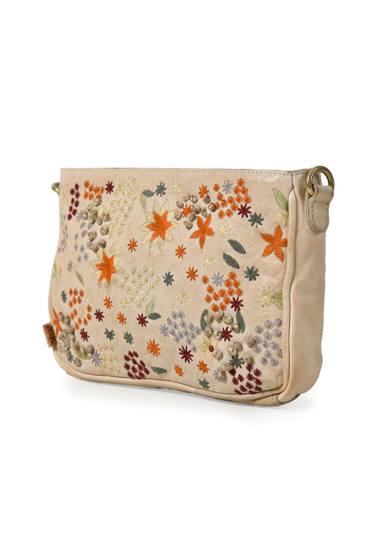 Floral: Beige Real Leather Sling Bag By Art N Vintage