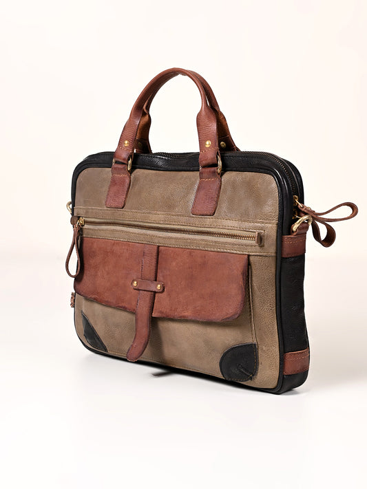 Art N Vintage Winger : Olive With Black Real Leather Laptop Bag