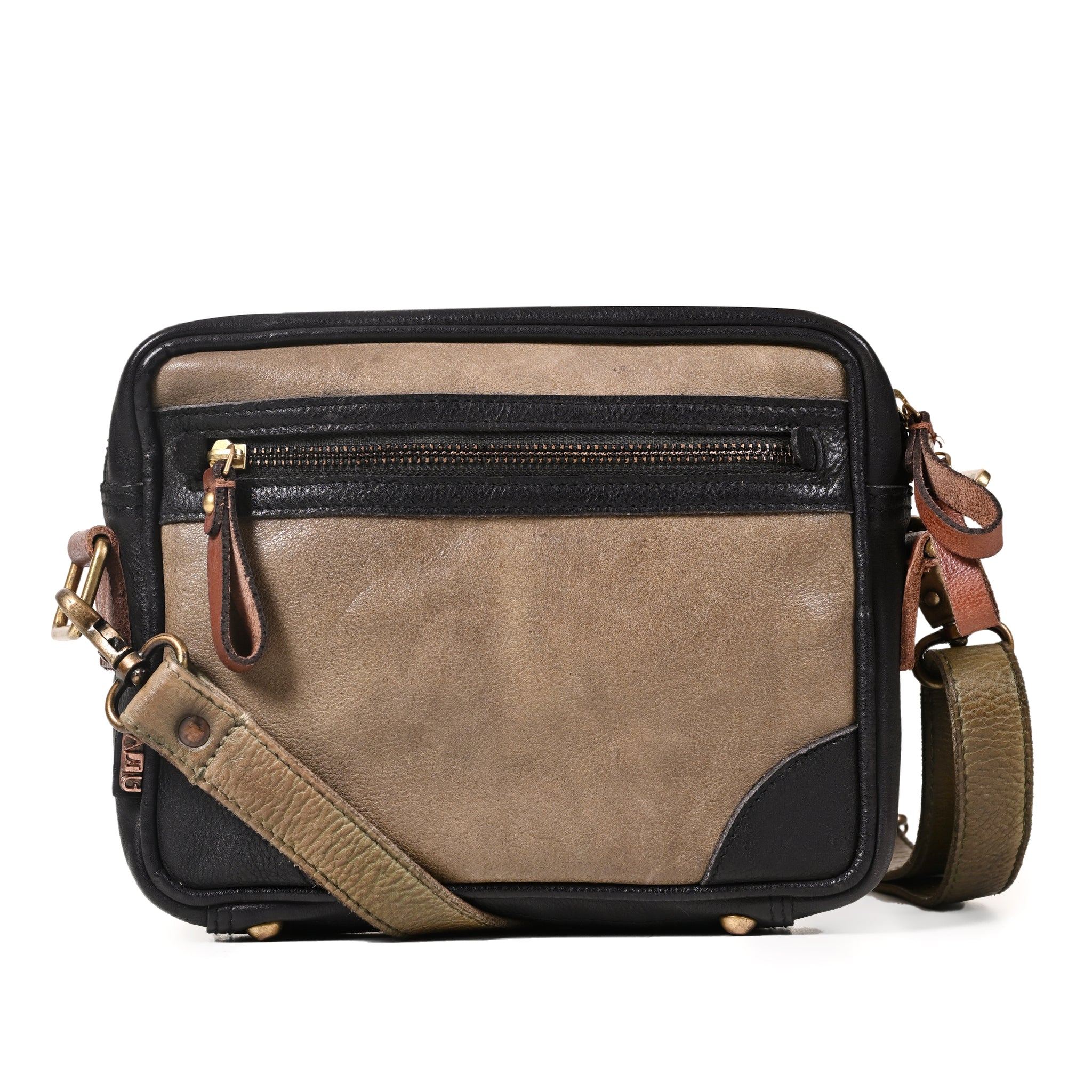 Art N Vintage Winger : Olive With Black Real Leather Mini Crossbody Bag