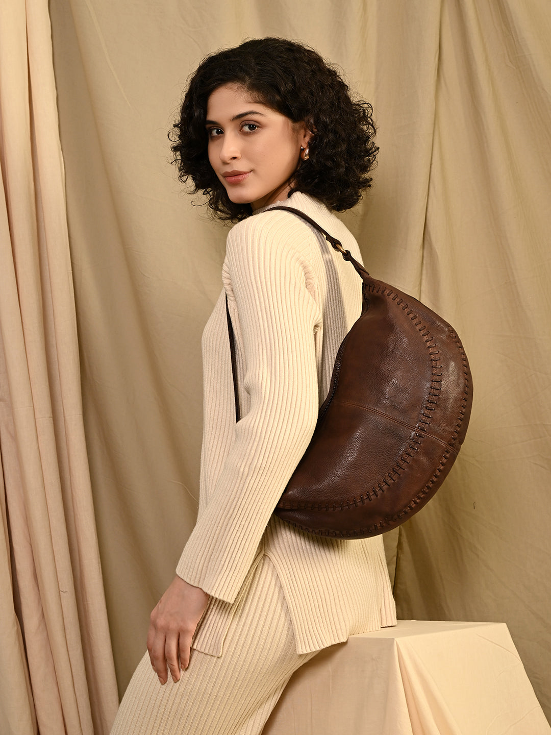 Nomad's Treasure: Brown Leather Women Hobo Bag By Art N Vintage