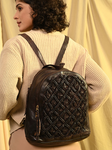 Intricate Voyager: Brown Leather Backpack for women by Art N Vintage