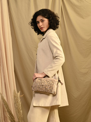 Art N Vintage Beige Real Leather Sling Bag