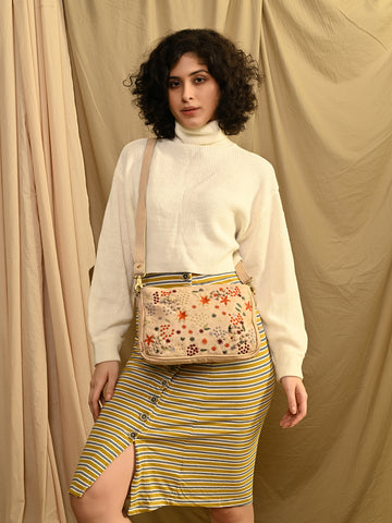 Floral: Beige Real Leather Sling Bag By Art N Vintage