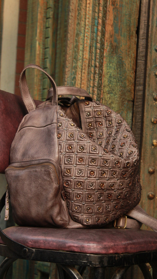 Genuine Grey Leather Tote Bag with Artistic Detailing