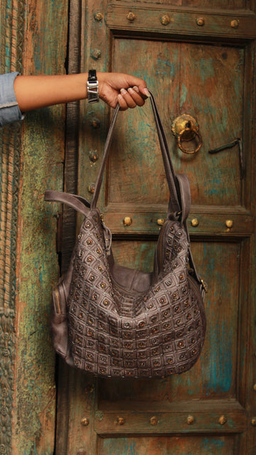 Genuine Grey Leather Tote Bag with Artistic Detailing