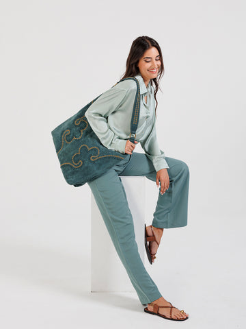 Vintage Teal Studded Genuine Leather Tote Shoulder Bag