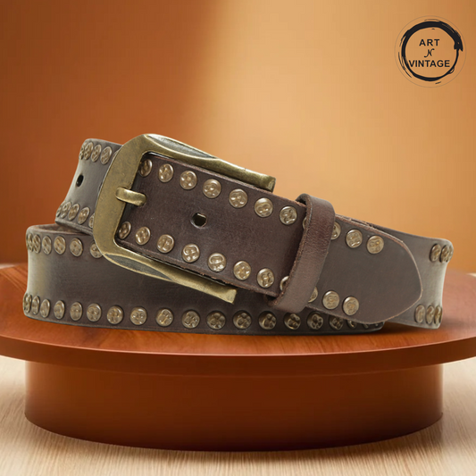 Rustic Rebel: Brown Genuine Leather Studded Men's Belt - Stylish & Durable byArt N Vintage