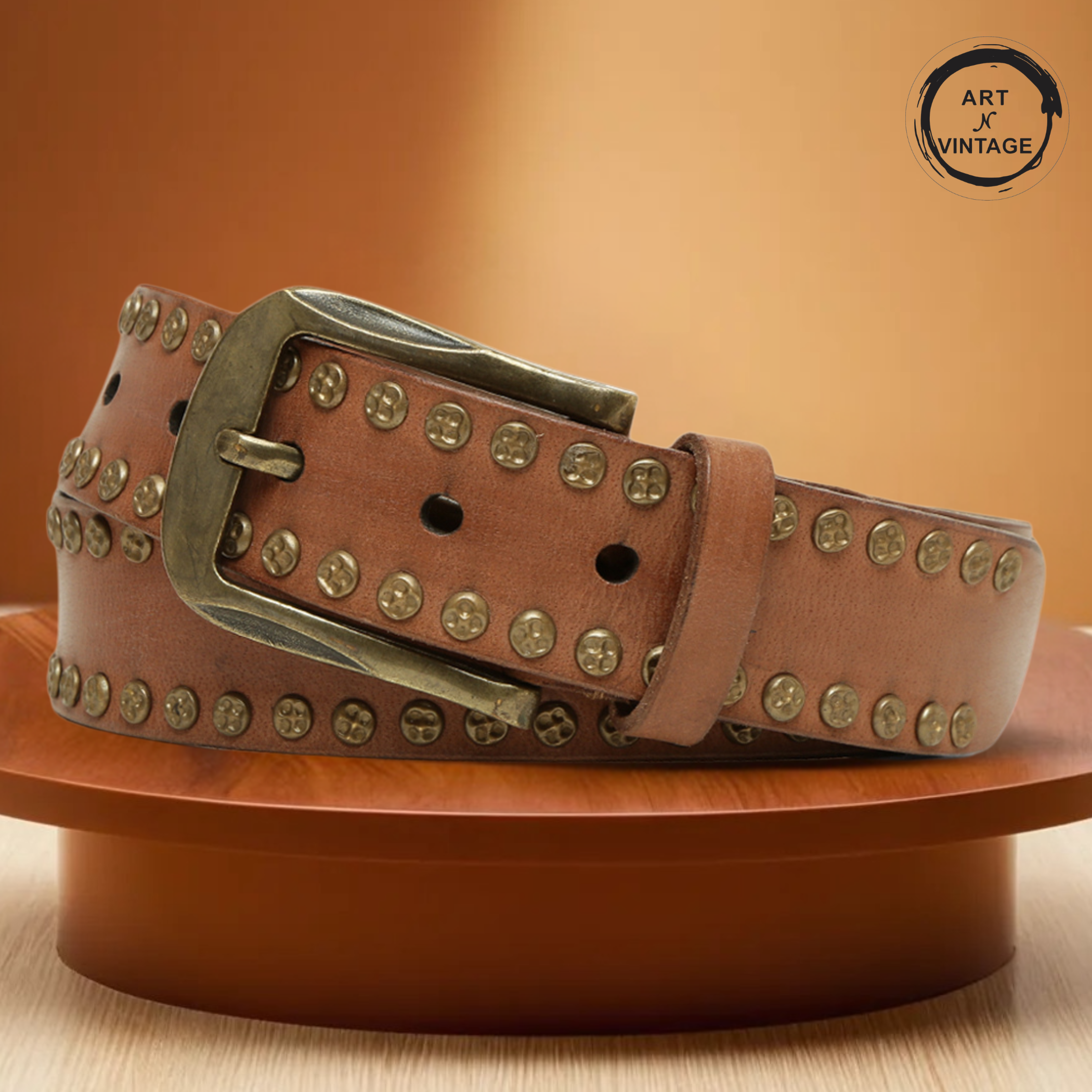 Cognac Genuine Leather With Studded Mens Belt By Art N Vintage