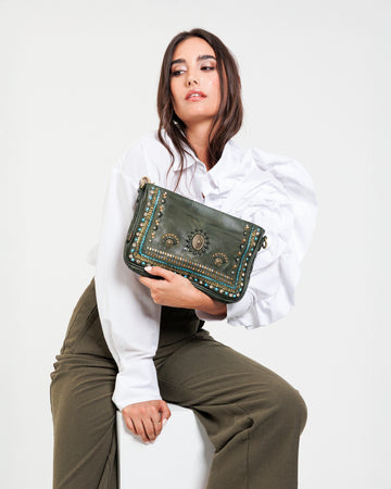 Savio: Embellished Crossbody Flap Bag In Veg Tan Leather