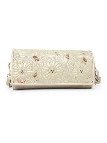 Women's Floral Embossed Real Leather Clutch Bag