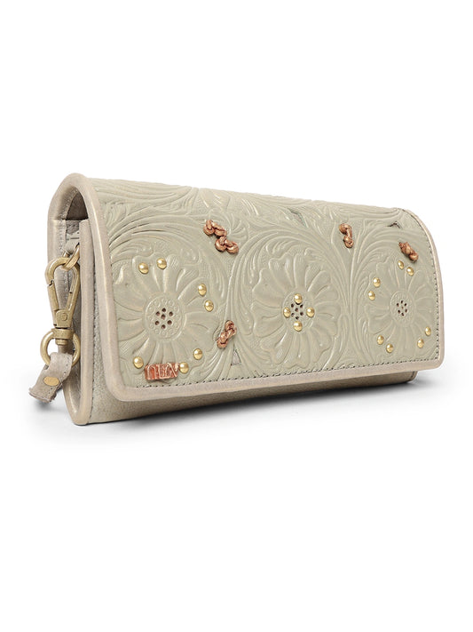 Women's Floral Embossed Real Leather Clutch Bag