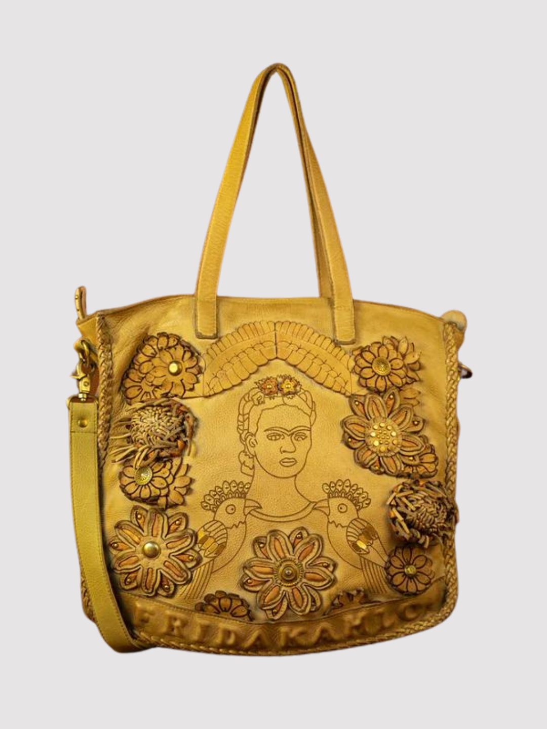 FRIDA KAHLO : Olive Leather Shoulder Bag By Art N Vintage