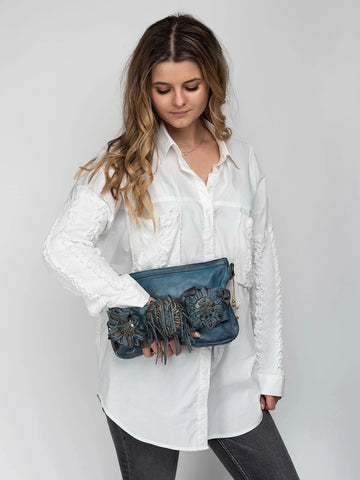 Blue Floral Applique Shoulder Leather Bag