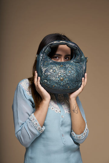 Handcrafted Teal Blue Genuine Leather Tote Bag with Laser-Cut Design & Antique Studs