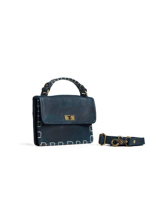 Hand-Stitched Mini Leather Hand bag – Navy