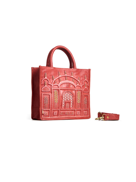 Art N Vintage Hawa Mahal Embossed Leather Tote Bag - Vibrant Red