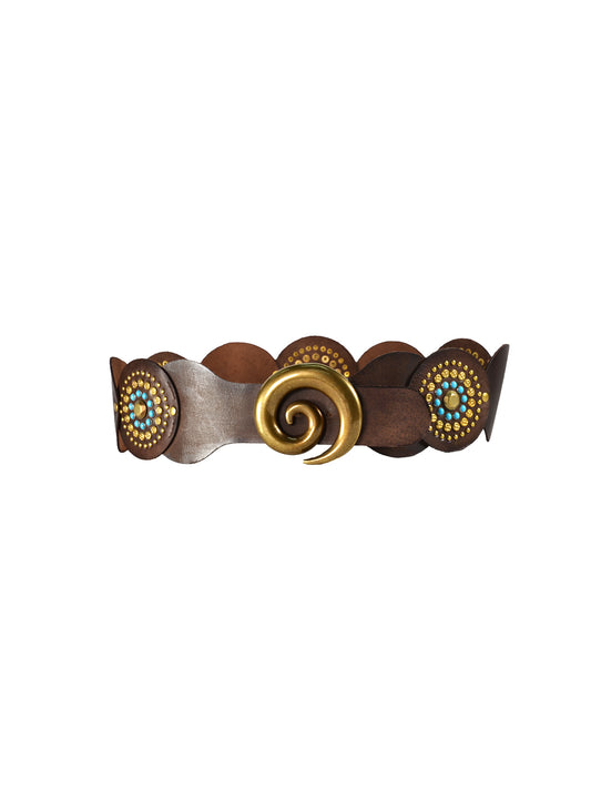 Brown Boho Embelished Corcet Belt with Spiral Buckle by Art N Vintage