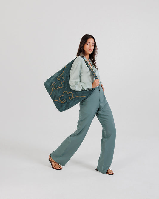 Vintage Teal Studded Genuine Leather Tote Shoulder Bag