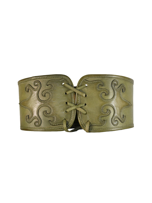Olive Green Patchwork Leather Belt For Women By Art N Vintage