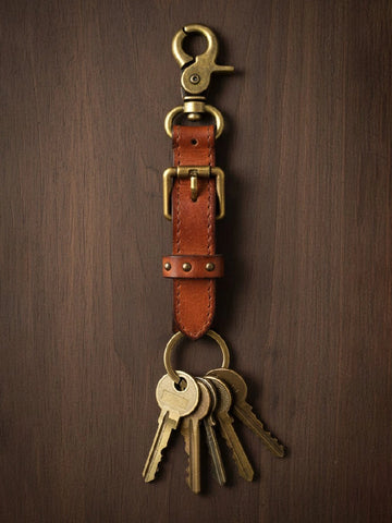 Heritage Cognac Leather Buckle Keychain with Antique Brass Hook
