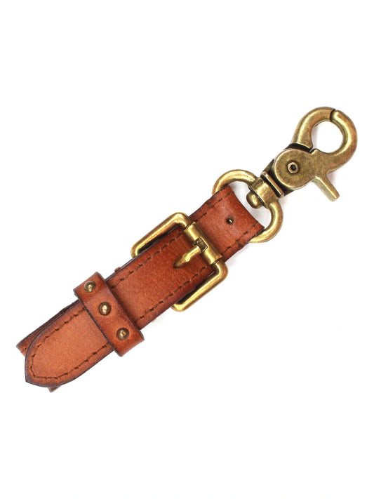 Heritage Cognac Leather Buckle Keychain with Antique Brass Hook