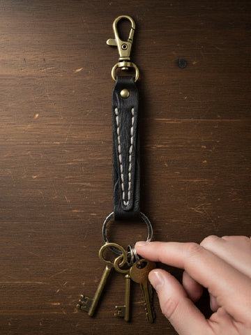 Heritage Black Leather Handcrafted Keychain with Snap Hook