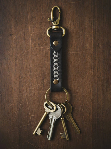 Rustic Black Leather Braided Stitch Keychain with Antique Brass Hook