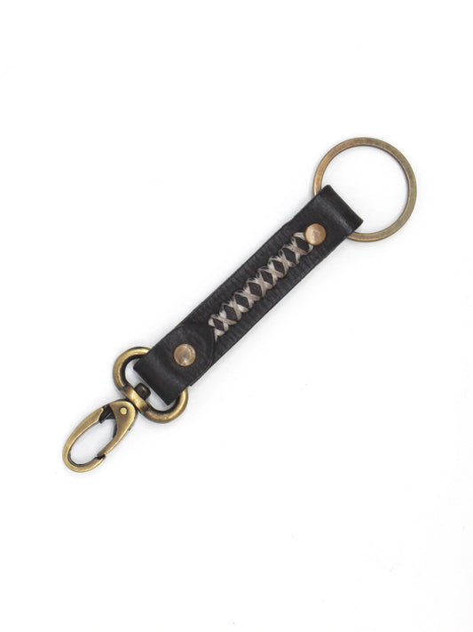 Rustic Black Leather Braided Stitch Keychain with Antique Brass Hook