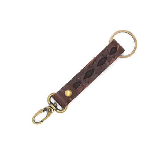 Vintage Brown Leather Cross-Laced Keychain with Antique Brass Hook