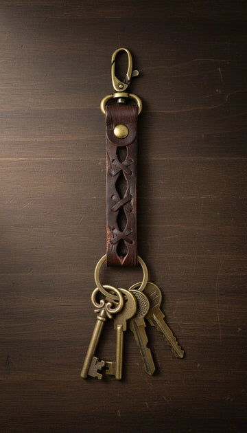 Vintage Brown Leather Cross-Laced Keychain with Antique Brass Hook